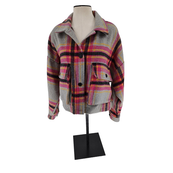 So Woman's Pink Plaid Wool Blend Shacket Size XL Cropped Slash Pockets Buttons - Picture 1 of 13